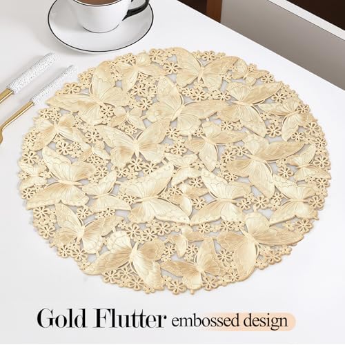 Quantum Love Round Placemats Set of 6 Vinyl Washable Easy Clean 15 Inch Gold Butterfly Place Mats for Kitchen, Dining, Party, Restaurant Table Decor - color: Gold Butterfly