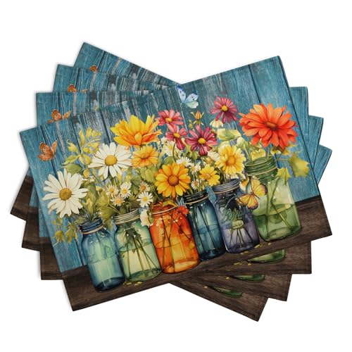 Rustic Daisy Placemats Set of 4 Vintage Flower Vases Wood Grain Linen Table Mats 12x18 Inch Summer Floral Wooden Board Farmhouse Washable Place Mat for Party Kitchen Dining Outdoor Indoor Decor - color: Daisy Vases