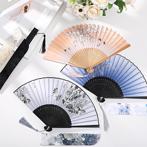 Zonon 4 Pack Hand Held Folding Fans for Women Silk,Vivid - style: Vivid