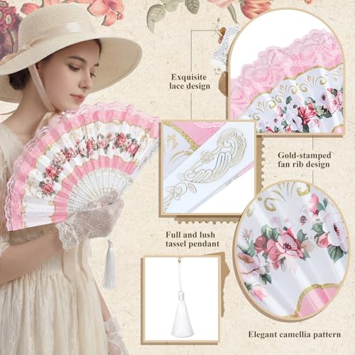 Ecally 12 Pcs Tea Party Favor Floral Folding Hand Fans Gift for Women, Vintage Lace Flower Hand Fans Bulk for Bridal Shower, Wedding, Birthday, Baby Shower, Garden Party Decorations (4 Colors) - color: 4 Colors, size: Tea Flower