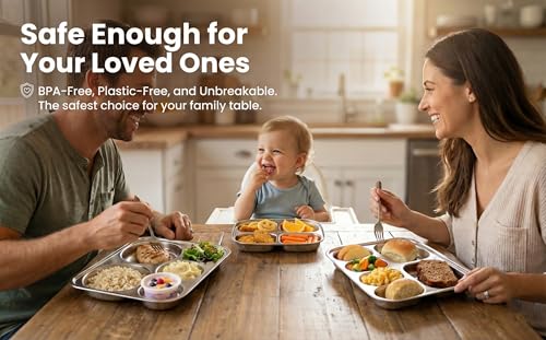 Korean Stainless Steel Divided Plates for Kids & Adults, Non-Toxic, 2-Pack - size: 6 Compartments (12x9.5Inch)
