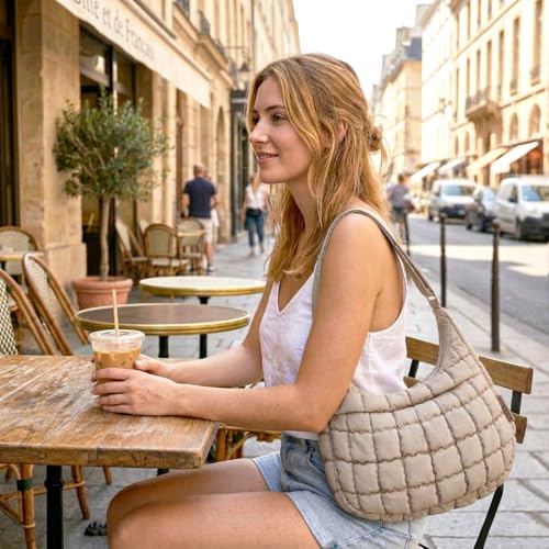 Puffer Crossbody Hobo Bag for Women Nylon Quilted Purse Lightweight Shoulder Handbag with Adjustable Strap - color: 01-gray Brown