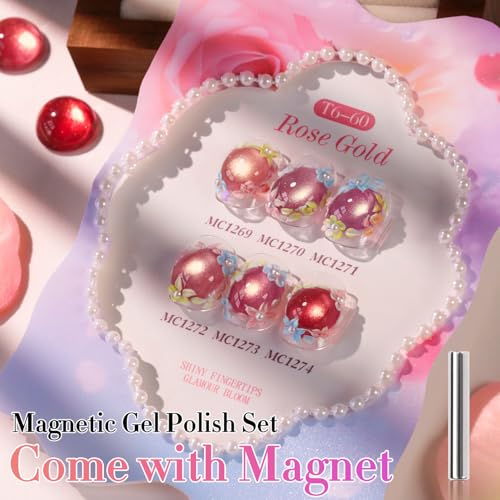 Double Rhythm Cat Eye Gel Nail Polish Set of 6 Same Color Same Bottle 0.5 Oz Shimmer Glitter with Magnet Holographic Reflective Magnetic UV Nail Polish Kit at Home (Golden Rose Pink-T6-60) - color: Golden Rose