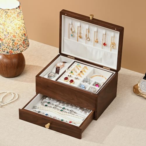 Black Walnut Wooden Jewelry Box for Women, 3 Layer Organizer with Drawer - color: 3 Layer