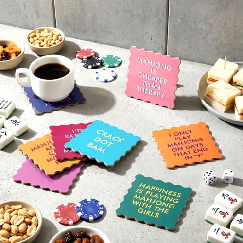 Newtay 8 Packs Mahjong Coasters 4'' Cute Wavy Edge Cork Coasters for Colorful Cups Drinks Table Protection Game Night Party Supplies Mahjong Accessories Gifts (Funny Sayings) - style: Funny Sayings