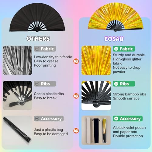 EOSAU Large Laser Rave Fan, Folding Hand Fans for Line Dancing, Gold - color: 13" Gold 01