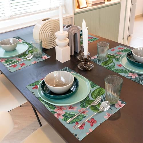 Tropical Flowers Hawaiian Plants Placemats Set of 4 12x18 Inch - color: Red Green, size: Set of 4