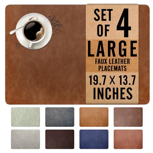 UnivoColors Washed Cowhide Pattern Faux Leather Big Size Placemats Set of 4, Waterproof Easy to Clean Anti-Slip PU Table Mats for Party Decoration19.7″×13.6″,Red Brown Retro Cowhide Pattern - color: Reddish Brown