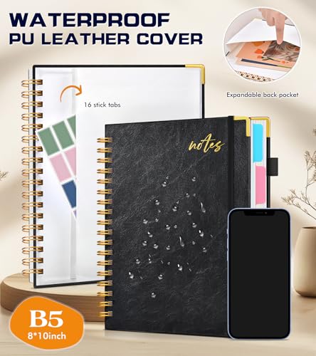 5 Subject Spiral Notebook Journal with Removable Dividers Tabs, 300 Pages Organizer Notebooks for Work School, 8"x10" Hardcover Leather Notebook College Ruled, Large Lined Journal for Women Men,Black - color: Black, size: B5