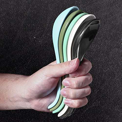 Green Ceramic Soup Spoons Set of 6, 6.75 Inch Chinese Ramen Spoons for Pho, Cereal, Noodles, Stews, Wonton, Dumpling, Miso - Deep Oval Hook Design, Dishwasher Safe - size: 6.75 inch - Green