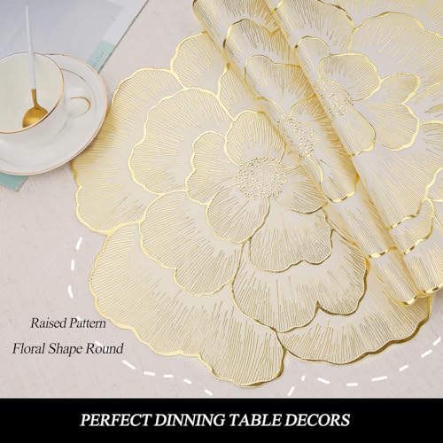 Floral Round Placemats Set of 6 Gold Vinyl Table Mats 15 Inch Reusable - color: Floral Gold