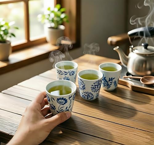6 oz Chinese Tea Cups, Coffee Cups Ceramic, Handle-less Espresso Cups - color: Blue- Plants 1