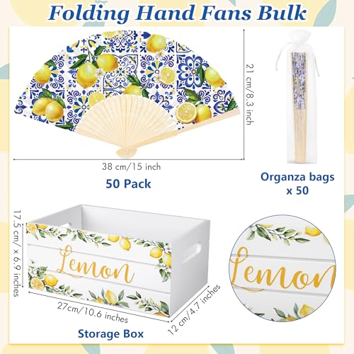 Aodaer 50 Pack Coastal Lemon Printed Folding Hand Fans with Organza Bags Bulk Wooden Storage Box Retro Mediterranean Paper Fans Capri Handheld Fan for Bridal Shower Wedding Bridesmaid Gifts - style: Coastal Lemon