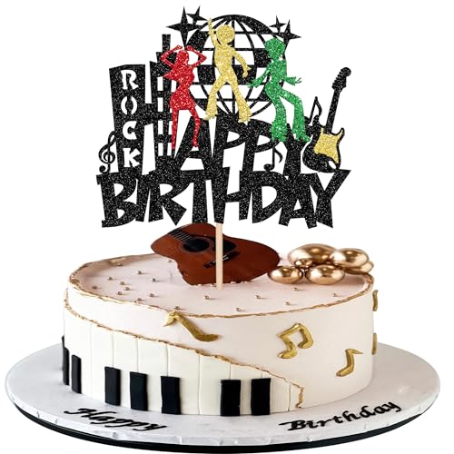 1 PCS Rock Happy Birthday Cake Topper Glitter Guitar Music Disco Ball Cake Pick 70's Disco Dancing Rock and Roll Cake Decoration for Rock Band Music Concert Theme Birthday Party Decorations Supplies - color: Pattern 8