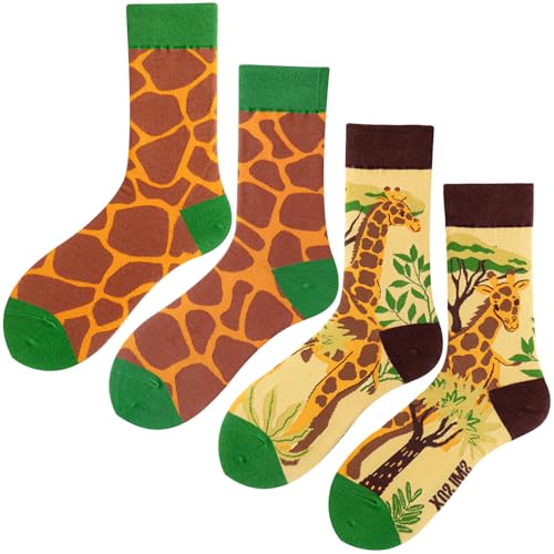 2 Pairs Cartoon Animal Crew Socks Fun Cotton Mid Calf Socks for Women - color: Giraffe