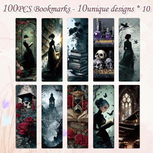 Dark Academia Bookmarks for Women - 100 Pcs Gothic Witchy Vintage Bookmark Dark Romance Book Mark Skull Rose Page Marker Clip Gifts for Book Lovers Students Teachers Bookish Reading - color: Dark Academia