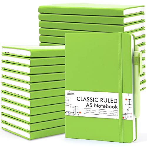 feela 24 Pack Journal Notebook Bulk for Work, Business Notebook Hardcover Lined Writing Journal with Pen Holder for Men Women Note Taking, with 24 Black Pens, 120 GSM, 5.1”x8.3”, A5, Green - color: 24 Green