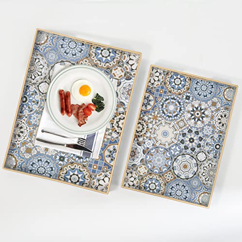 AGIOTA 2 Pcs Serving Tray with Handles Bohemian Decorative Tray Large Ottoman Trays for Living Room Blue Coffee Table Trays for Breakfast - color: Bohemian Blue 2pcs