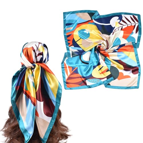 35 Inches Silk Head Scarf-Satin Hair Scarves Silk Bandana Scarf Headscarf for Women's Fashion Scarves - color: Colorful Sunflower - Blue