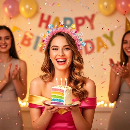 1 Pcs Candy Headband Lollipop Hairband with Pom Pom Bow, Rainbow Tinsel Hair Accessory for Christmas Costume Party Gift (Single-Layer)