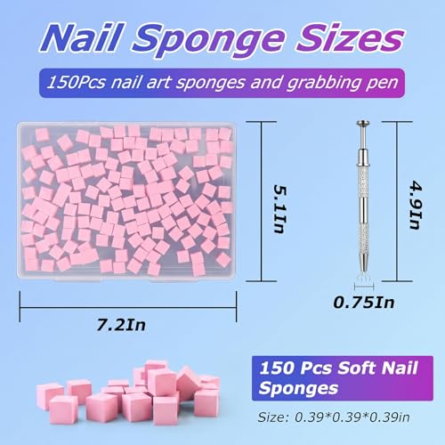 Soft Nail Sponges（150PCS）, Reusable Nail sponges,Nail DIY sponges, Nail Art sponges, 1PCS Grabbing Pen and Nail Brush Professional Accessories Manicure Salon Supplies (Rose red) - color: Rose red