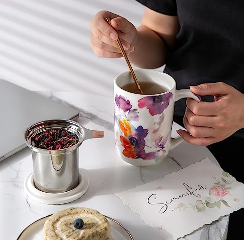 AmorArc Tea Cup With Infuser and Lid, 18oz Loose Leaf Tea Mug With Steeper - color: Anemone