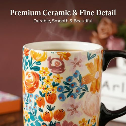 Topadorn 17oz Ceramic Travel Mug with Lid, Colorful Floral Coffee Mug - color: Spring at Garden