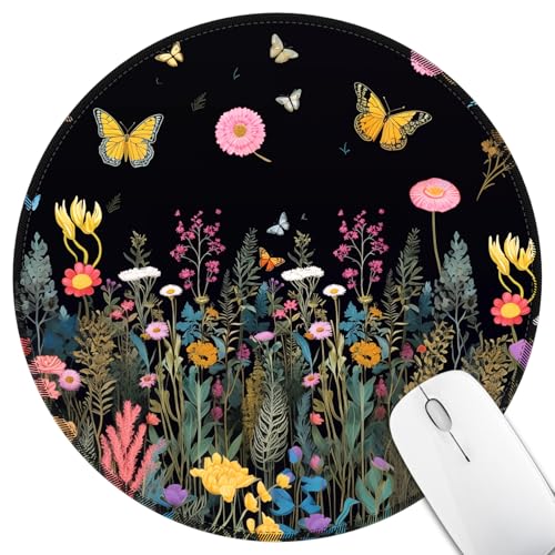 Hancynir Butterfly Floral Round Mouse Pad, Small Mousepad for Laptop Desk - color: Butterfly Flower Plants