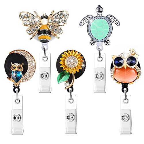 Crystal Badge Reels Retractable ID Holder with Cute Animal Design 5-Pack - color: Owl,bee,sunflower,turtle