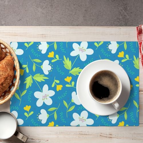 Yellow and White Flowers Placemats Set of 6 12x18 Inch - color: Light Blue, size: Set of 6