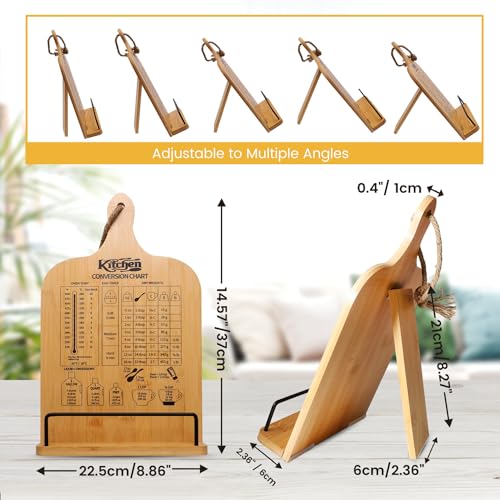Cookbook Stand for Kitchen Counter, Bamboo Cookbook Holder, Foldable Cook Book Holder, Adjustable Recipe Book Stand, Cook Book Stand with Measurement Conversion Chart