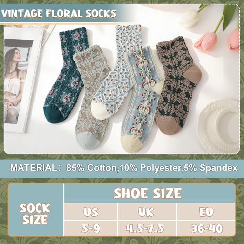 5/6 Pair Crew Socks for Women Floral Socks - color: Light Green, Khaki, White, Dark Blue, Brown