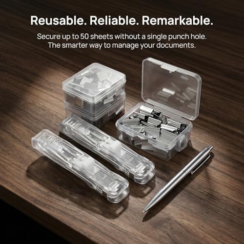 Lurrose Refillable Stapler Set 2 Portable Office Staplers with 200 Reusable Paper Clips Desk Stapler Tool for Document Binding Reports Assignments School Supplies