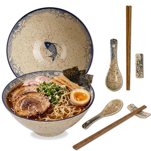 40 OZ Ceramic Ramen Bowl Set with Spoons, Chopsticks and Rests