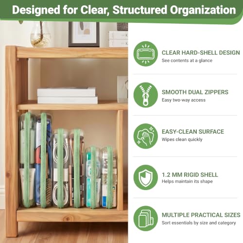 YQBRAO Clear Hard Shell Zipper Cases, 6 Multi-Size Organizers, Green - color: Green, size: 6 Pack (2L+2M+2S)