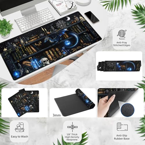 Dark Magic Desk Mat Large Mouse Pad Gaming Extended Mouse Mat, Blue Dragon Computer Keyboard Mat, Big Desk Pad Full Desktop Pad XXL, Anime Office Decor Personalized Desk Accessories 31.5x15.7 Inch - color: Fantasy Spellbook Library