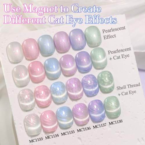 Double Rhythm Cat Eye Gel Nail Polish Set of 6 Same Color Same Bottle 0.5 Oz Shimmer Glitter with Magnet Holographic Reflective Magnetic UV Nail Polish Kit (Pearl Pink Blue Green Purple-T6-36) - color: Pearl Mermaid