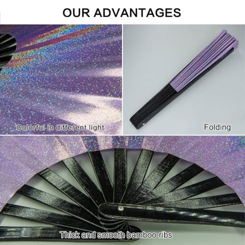 Large Rave Fan, Clack Folding Hand Fan with Premium Fabric, Thick Bamboo Frame for Men Women Gift for EDM, Festival, Club, Party, Dance, Decoration (Lridescent Purple, 11") - color: Lridescent Purple, size: 11"