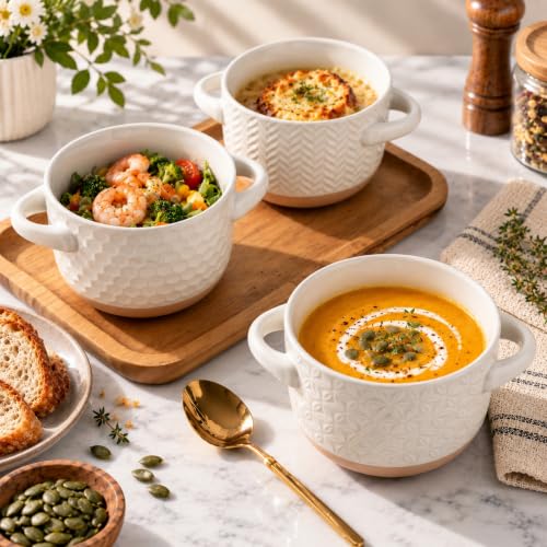 AmorArc 24 oz Soup Bowls with Lids, Ceramic Soup Containers with Handle - color: Light Beige(Geometric), size: Set of 2