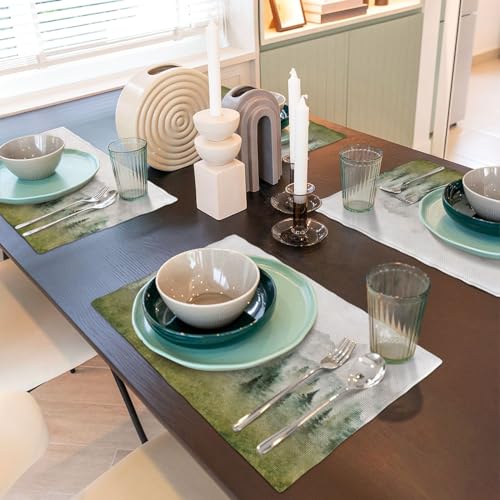 Watercolor Forest Linen Placemats Set of 4,Watercolor Woodland Forest Mountains Rustic Dining Placemats Home Kitchen Party Living Room Table Decoration 12x18 Inch - color: Forest-1, size: 12x18"Placemats x4