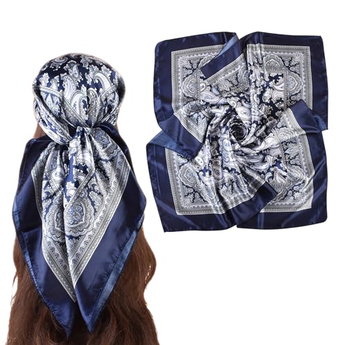 35 Inches Silk Head Scarf-Satin Hair Scarves Silk Bandana Scarf Headscarf for Women's Fashion Scarves - color: Paisley - Navy Blue