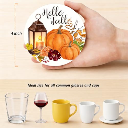 Nikyi 6 Pcs Fall Orange Pumpkin Ceramic Absorbent Coasters, Round Drink Coaster with Metal Holder and Cork Base, for Coffee Table Kitchen Bedroom Living Office Autumn Home Decor or Gifts - color: Fall Orange Pumpkin