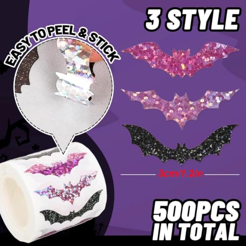 Glitter Bat Roll Stickers Halloween Decorative Labels for Fall Craft Party - style: Glitter Bat