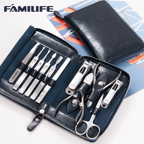 FAMILIFE Stainless Steel Manicure Set 11-in-1 Professional Nail Clipper Kit - color: Navy Blue