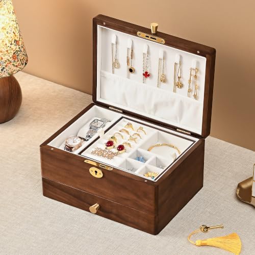 Black Walnut Jewelry Box for Women, 3 Layer Top Lock Wooden Organizer Case - color: 3 Layer Top Lock