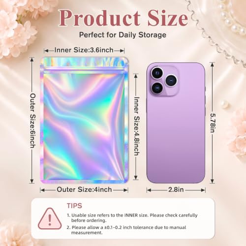 Funfery 100 Pcs Resealable Clear Holographic Bags,Smell Proof,4x6in - color: Holographic, size: 4x6 inch
