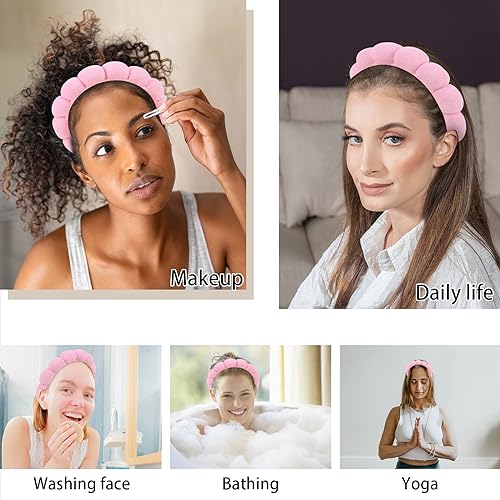 WHAVEL 3 Pack Spa Headband Skincare Headbands, Makeup Headband Sponge Terry Cloth Headbands Face Wash Headband Puffy Hair Band for Washing Face Women Girls (Pink) - color: Pink