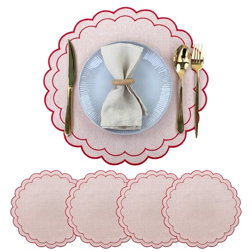 Linen Cotton Placemats Set of 4 Scalloped Flower Embroidery Place Mats 15'' Natural Linen Texture Fabric Machine Washable Table Mats for Restaurant Kitchen,Table Decor(Powder Pink) - color: Powder Pink