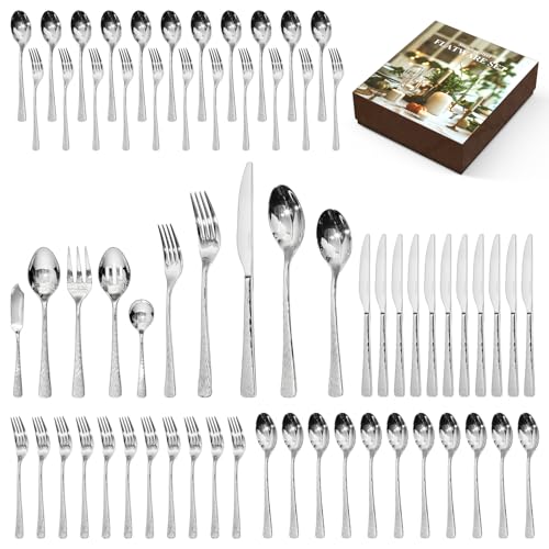 Silverware Set with Serving Utensils, 65 Piece Flatware Set, 18/10 Steel - color: Silver, size: 65-Piece