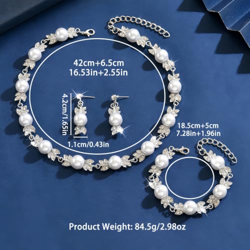 Pearl Bride Wedding Jewelry Set Faux Pearls Crystal Rhinestone Necklace Earrings Bracelet Sets for Women Bridesmaid(3 PCS) - color: Silver-Fake Pearl Style 1